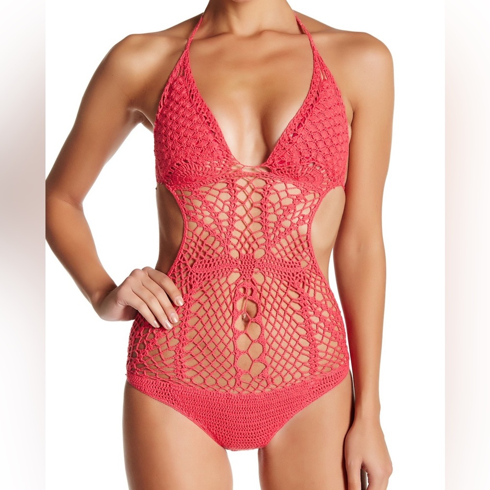 Beauty And The Beach Chasse Crochet One Piece Bathing Suit in Coral